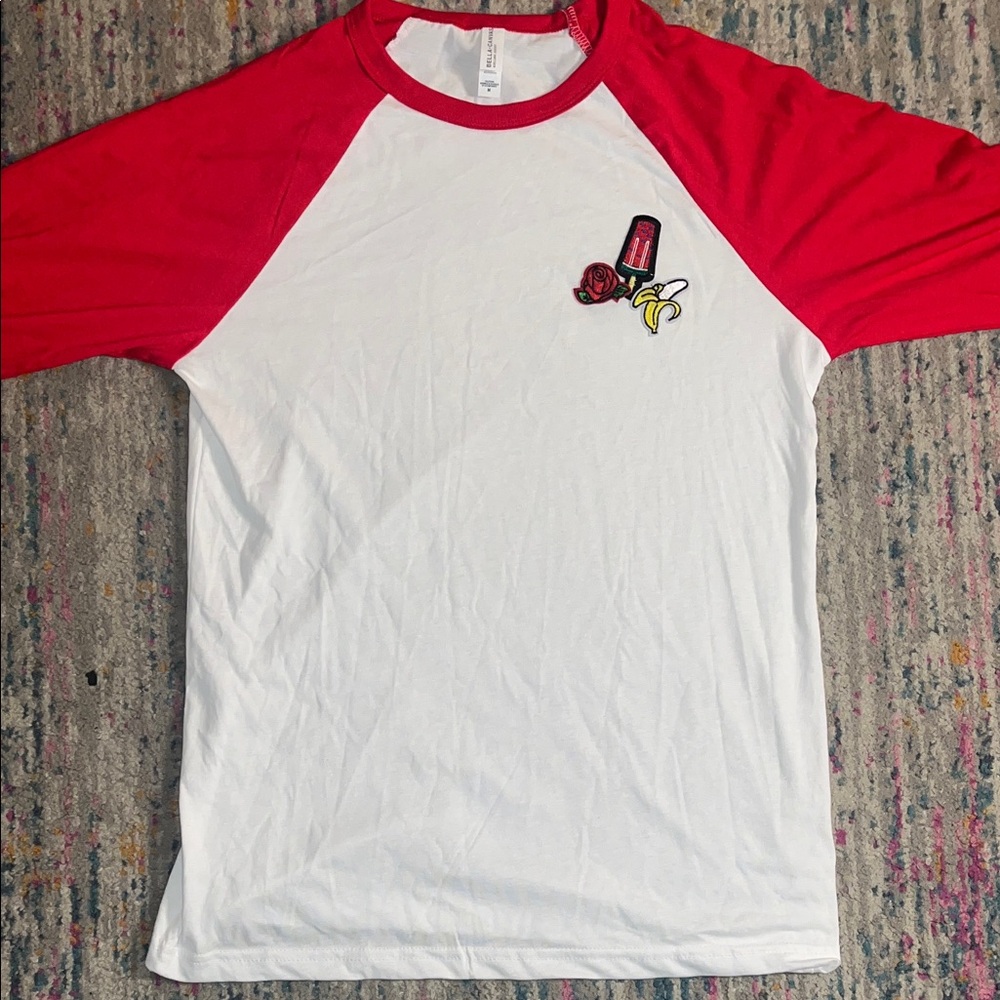 Red and White Raglan T-Shirt with Embroidery
